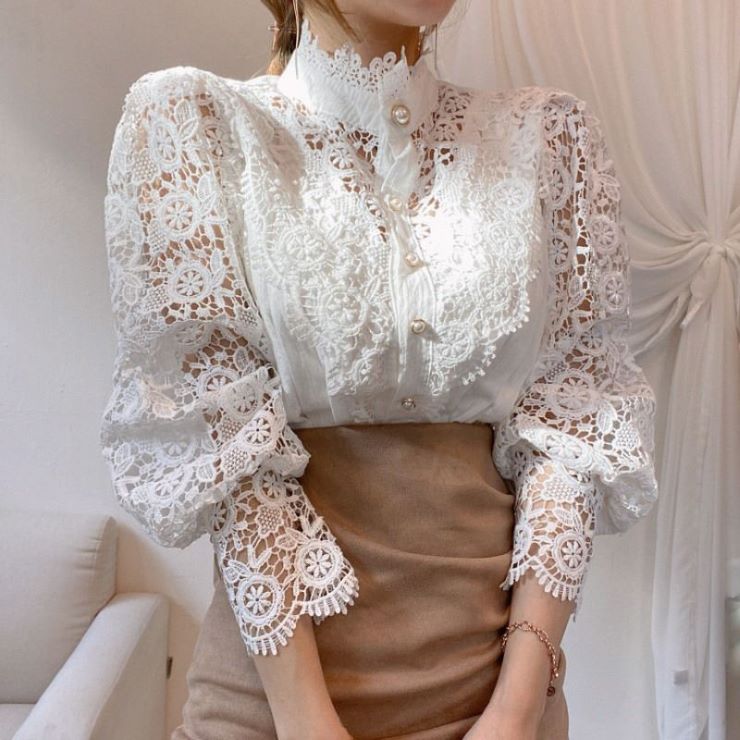 스탠드 컬러 플라워 레이스 긴 소매 블라우스 ■ 블라우스 셔츠 연예인 사무실 blouse OL 탑스 통근 귀여운 어른 여성 봄 여름 가을 겨울