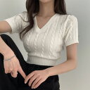Vネック半袖ショート丈ニット ■ ニット Knit トップス セーター Sweater レディース 春 夏 秋 冬