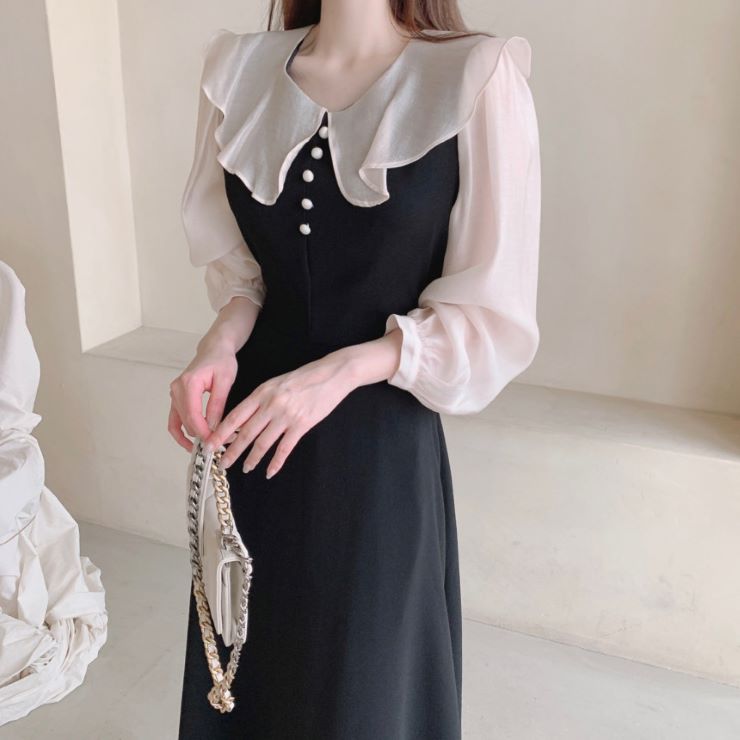 フリルカラーシアーワンピース ■ ワンピース 結婚式 ワンピ 二次会 入学式 入園式 卒業式 大人 上品 OL レディース 春 夏 秋 冬