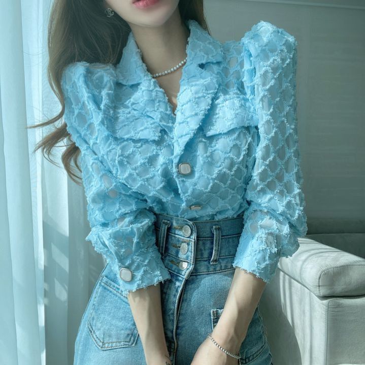 ダイヤパフスリーブブラウス ■ シャツ ブラウス OL オフィス セレブ blouse トップス 通勤 かわいい 大人