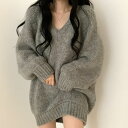Vネック長袖ニットワンピース ■ ニット Knit トップス セーター Sweater レディース 春 夏 秋 冬