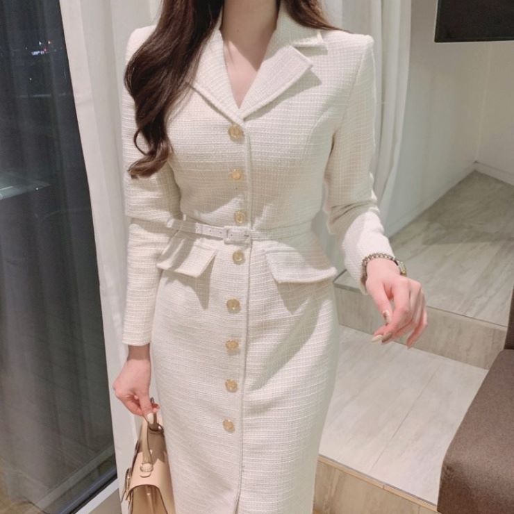 ベルト付き長袖ミディ丈ツイードワン...