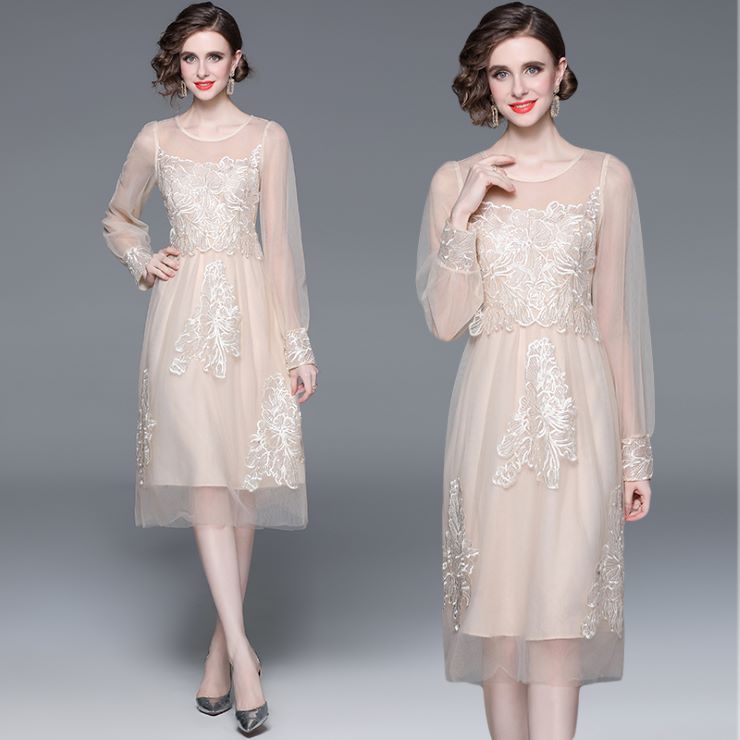 チュールレース長袖ワンピース ■ ワンピース 結婚式 ドレス 結婚式 二次会 入園式 卒業式 大人 上品 入学式 OL