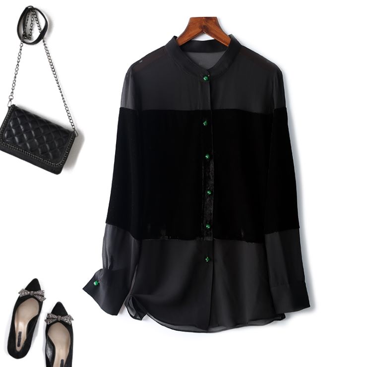 スタンドカラーベロア切替長袖ブラウ...