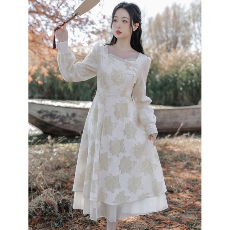 チャイナ風飾りボタン長袖レースワンピース ■ ワンピース 結婚式 ドレス 結婚式 二次会 入園式 卒業式 大人 上品 入学式 OL レディース 春 夏 秋 冬