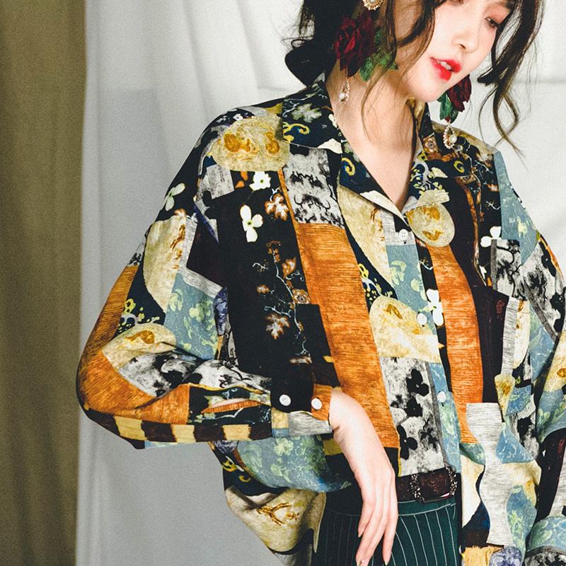 花柄ヴィンテージシャツブラウス ■ シャツ ブラウス トップス セレブ オフィス blouse OL 通勤 かわいい 大人 レディース 長袖 柄物 花柄 秋 冬のサムネイル