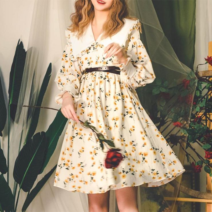 ふんわり黄色の花柄ワンピース ■ レディース 春 夏 秋 冬