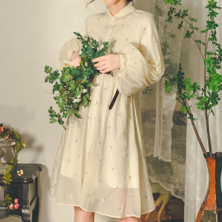 乐天商城 - 花刺繍ボリューム袖ワンピース ■ ワンピース ワンピ 入学式 結婚式 入園式 卒業式 二次会 OL オフィス レディース ミディアム丈 長袖 刺繍 秋 冬