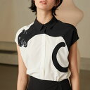 キャットデザインユニークブラウス ■ シャツ ブラウス トップス セレブ オフィス blouse OL 通勤 かわいい 大人 レディース 半袖 柄物 無地 春 ...
