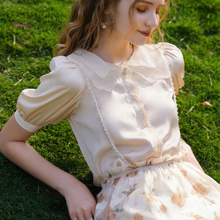 レースカラーパフスリーブブラウス ■ ブラウス シャツ blouse OL オフィス セレブ トップ