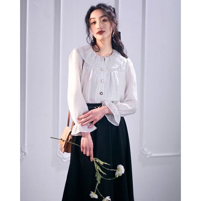 フリルレトロブラウス ■ ブラウス シャツ blouse OL オフィス セレブ トップス 通勤 かわいい 大人