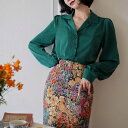 サテンパフスリーブブラウス ■ ブラウス シャツ セレブ オフィス blouse OL トップス 通勤 かわいい 大人 レディース 長袖 無地 秋 冬