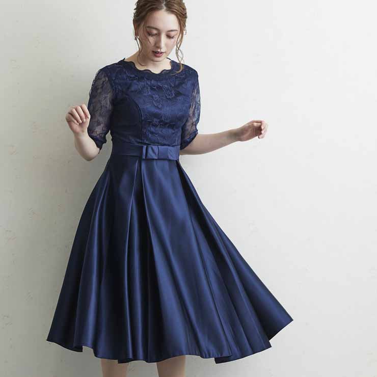 パーティードレス 結婚式 ワンピース フラワーレース×ウエストリボンのワンピース ■ パーティードレス 結婚式 フォーマル シースルー ワンピース 二次会 20...