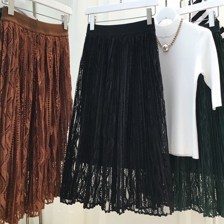 プリーツレーススカート ■ スカート すかーと Skirt スカート ミディアム 膝丈 ひざ丈 膝上 ひざ上 膝下 ひざ下