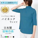 日本製 トップスとして使える ハイネック 半袖 レディース Tシャツ 5分袖 綿100% 接触冷感 春夏 カットソー 半袖 細見え aライン カットソー 体形カ...