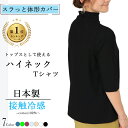 日本製 トップスとして使える ハイネック 半袖 レディース Tシャツ 5分袖 綿100% 接触冷感 春夏 カットソー 半袖 Aライン 細見え カットソー 体形カバー おしゃれ おすすめ 日焼け止め コットン ボトルネック タートルネック uv 上品 母の日 綺麗な光沢 コーデ