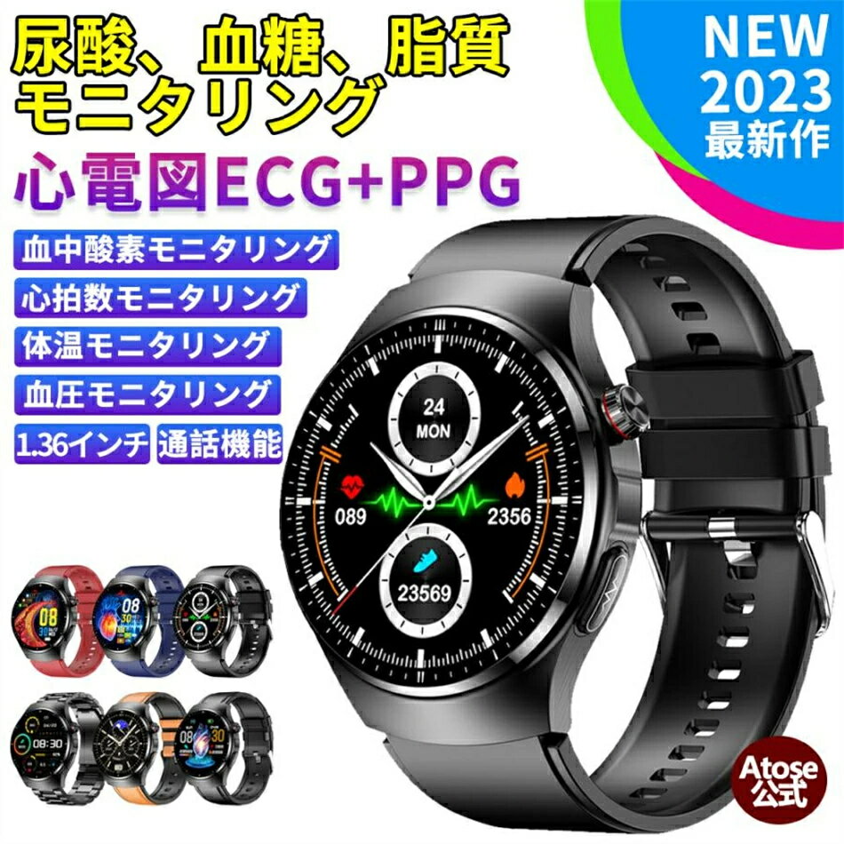 スマートウォッチ 心電図PPG+ECG 血糖値 通話機能 血圧測定 モニタリング 体温 血中酸素 心拍数 着信通知 1.96インチ 日本語 大画面 スマートウォッチ 防水 iPhone Android LINE 男女兼用 日本語取説 耐衝撃 ミラネーゼ 腕時計 丸型