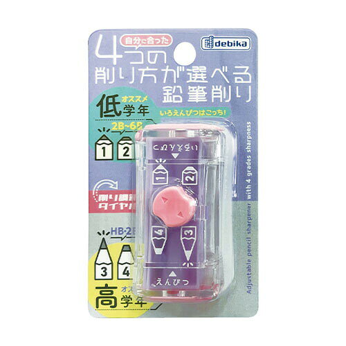 商品名4つの削り方鉛筆削り　パープル ブラックこの商品について鉛筆・色鉛筆対応！削り角度＆芯の長さが4通りに変えられる！鉛筆用、色鉛筆用（2B?6Bの鉛筆）の使い分けができます。ダイヤルを回すことで芯先の太さと長さを調節できます。3種類の鉛筆（丸軸、六角軸、三角軸）に対応（外径7?8mm）。蓋を閉めることで削りかすがこぼれません。●入数：1個●本体サイズ：幅33×奥行23×高さ66mm●重量：約28g●削り調節ダイヤル（削り角度2段階／芯先調整2段階）付●材質：本体＝PC／PS／PP，刃＝スチール製品情報■メーカー品番：043745 043744■カラー：パープル、ブラック注意事項掲載の商品画像はモニターの種類・設定等により、実際の商品とは素材感や色味が異なる見え方をする場合があります。入荷時期により商品の仕様が異なる場合がございます。予めご了承ください。メーカー希望小売価格はメーカーサイトに基づいて掲載していますこの商品について鉛筆・色鉛筆対応！削り角度＆芯の長さが4通りに変えられる！鉛筆用、色鉛筆用（2B?6Bの鉛筆）の使い分けができます。ダイヤルを回すことで芯先の太さと長さを調節できます。3種類の鉛筆（丸軸、六角軸、三角軸）に対応（外径7?8mm）。蓋を閉めることで削りかすがこぼれません。●入数：1個●本体サイズ：幅33×奥行23×高さ66mm●重量：約28g●削り調節ダイヤル（削り角度2段階／芯先調整2段階）付●材質：本体＝PC／PS／PP，刃＝スチール製品情報■メーカー品番：043745 043744■カラー：パープル、ブラック