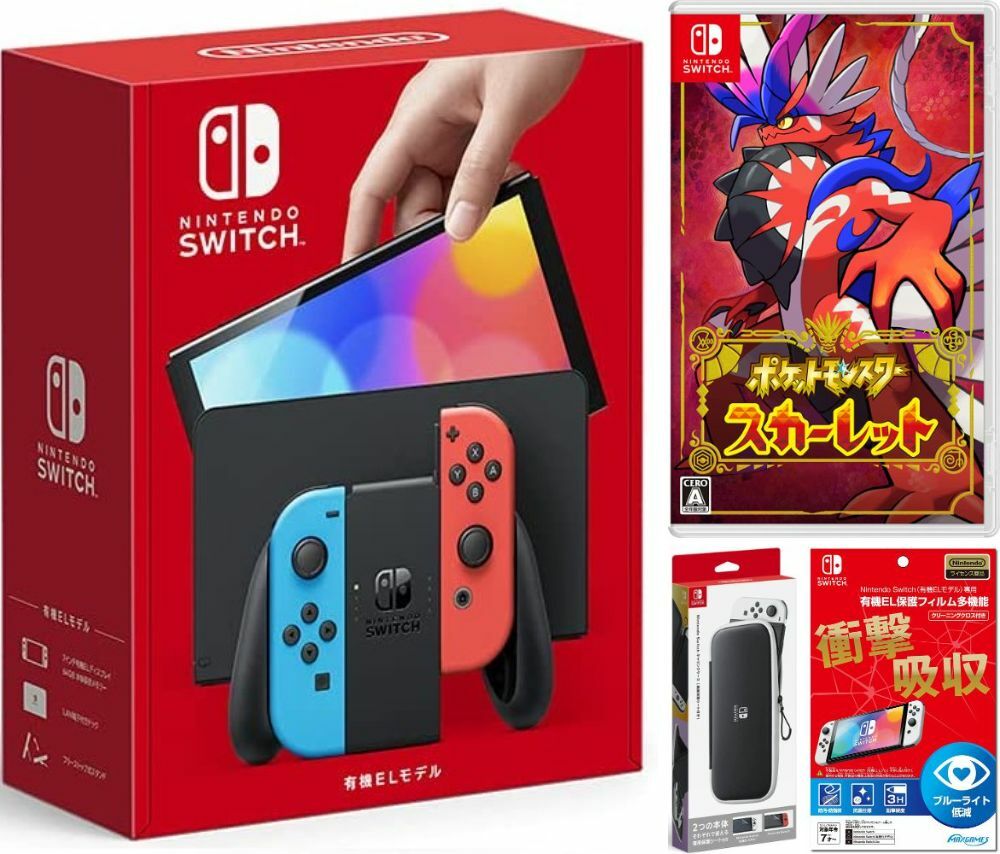 楽天TOWA【無料ラッピング対応】Nintendo Switch（有機ELモデル） Joy-Con（L）/（R） ネオン+ ポケットモンスター スカーレット -Switch（ソフト）+ キャリングケース+保護フィルム任天堂スイッチ 本体クリスマスクリスマスラッピングブラックフライデー