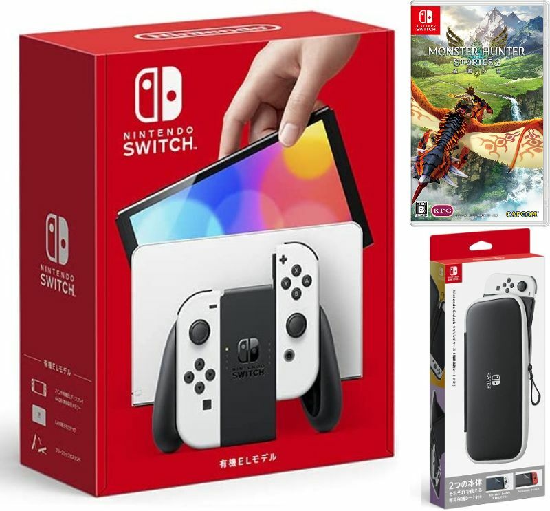 楽天TOWA【無料ラッピング対応】Nintendo Switch（有機ELモデル） Joy-Con（L）/（R） ホワイト+ モンスターハンターストーリーズ2 〜破滅の翼（ソフト）+ キャリングケース任天堂スイッチ 本体クリスマスクリスマスラッピングお誕生日