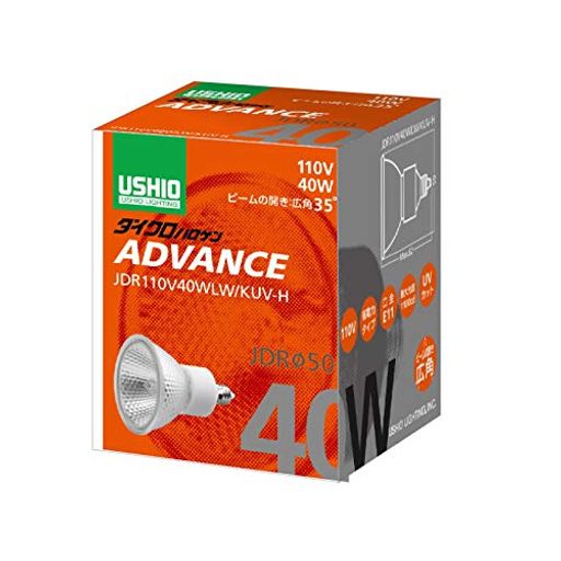 サイズ:ミラー外径50mmx全長(最大)62mm 質量:65g 定格電圧:110V 消費電力:40W ビームの開き:35° 最大光度:1100cd(カンデラ) 全光束:550lm(ルーメン)