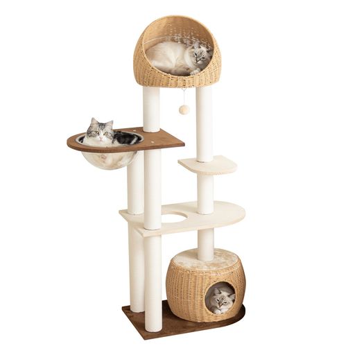 PETTIFUL キャットタワー 据え置き おしゃれ 大型猫 夏用ゴザ付き 涼しい 快適 スリム シニア猫 木製ボードにベルベット生地張り 手編みカゴ ラタン風 コンパクト 成猫 省スペース 上下しや…