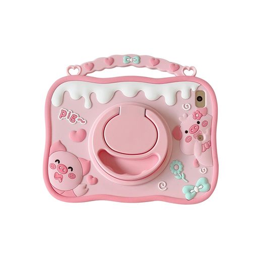 CrazyLemon 適用 iPad 10世代 10.9インチ 2022年 ケース かわいい 360度回転 リング付き スタンド機能/肩掛け ストラップ/ペン収納 ホルダー 付き、 可愛い アニメ ピンク 豚 絵柄 デザイン 薄型 ソ…