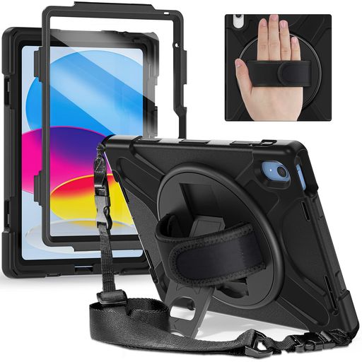 対応機種:iPad 第10/11世代 10.9インチ(2022/2025)専用のデザインです(モデル番号:A3354/ A2696 / A2757 / A2777)。他の機種との交換性がありませんので、ご購入になる前に、ぜひご機種の型番を確認してください 三層保護・耐衝撃:”スクリーン保護フィルム内蔵のフロントカバー”、”丈夫なPCバックカバー”、”柔らかいシリコン”という三層保護を結合し、おタブレットにより強い多重保護を提供できます。意外での落としや衝撃や摩擦をうまく防止できます 360回転スタンド:バックカバーの中心に360度回転できる回転盤があります。スタンドは回転盤に伴って360°旋転し、横置きにも縦置きにもでき、異なる立つ角度を実現できます。ビジネス、アウトドア、学校、工事、現場など様々なシーンで大活躍 ハンド&amp;ショルダーストラップ:バックカバーの回転盤にハンドストラップがあります。その中にお手を入れると、何の力もかからずおタブレットの重心をしっかり掴めます。