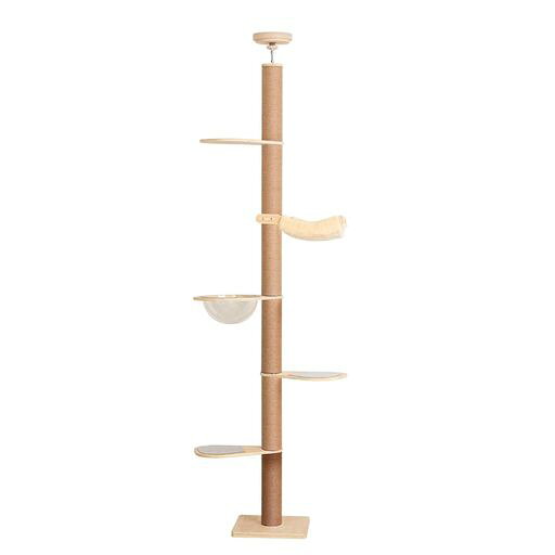 インドア 【サイズ(約)】土台40*40cm、天井高さ適用範囲195~267cm。※手作業の測定になりますので、多少の誤差は許容範囲とさせていただきます。 【材質】15mmの特注合板使用。縦方向の力に強く、大型の猫ちゃんが乗っても折れる心配がありません。安価で手に入りやすい12mmの合板を使用すればコストは約30%削減できます。しかし当店では猫ちゃんの安全を最優先に、あえて15mm厚の合板を使用しています。 【インテリア性】合板の表面は天然木から薄くスライスした突板が張り合わせたため、上質さを感じる質感と天然木ならではの美しい木目が存在感を演出。どんな空間にも自然に調和し、置くだけで洗練された雰囲気をプラスします。 【省スペース】お部屋のレイアウトに合わせて、宇宙船、ステップやラタンベッドなど全てのパーツが向き調整可能。土台も広くありませんので、場所取らずに設置いただけます 【滑り止めマット付き】ステップ板にぴったり張り付けいただける滑り止めマット付属いたします。天井に怪我防止のため、天井に突っ張る円型板に張り付けいただけるマットも付属いたします。