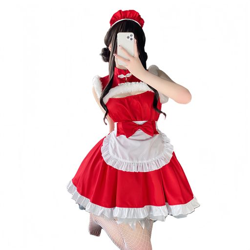 [Mominks] クリスマス メイド服 コスプレ衣装, 赤と白 フリル エプロン ドレス, クリスマステーマ ロリータ メイド コスチューム, フルセット ヘッドピース付き