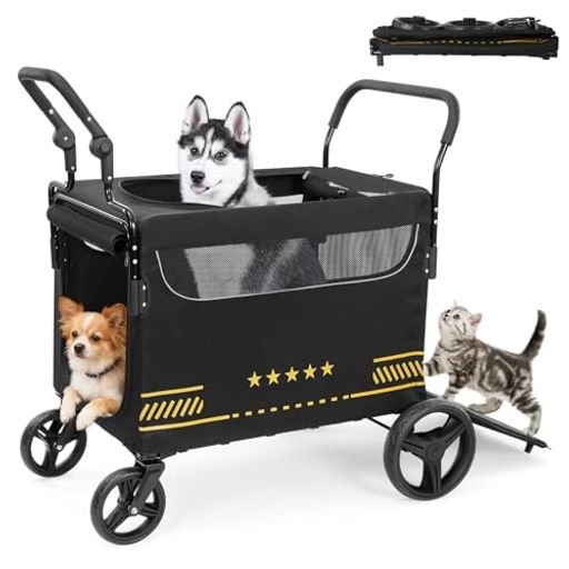 超広々&amp;耐荷重80kg:座面幅はゆったり58cm。大型犬や多頭飼いに対応する広々設計で、ペットが無理なく横になれます。耐荷重は安心の80kgで、長距離の移動や通院にも最適です。大型ペットでもゆったり過ごせるペットカートです。 3方向から出入り可能:前・後・上部に出入口付きで、ペットの様子確認や乗せ降ろしもスムーズ。後部ドアは開いてスロープとして使用可能で、足腰の弱い老犬やシニア犬でも自力で楽に乗り降りできる安心設計です。 簡単組立&amp;折りたたみ:工具不要で素早く組立・解体可能。工具不要で素早く組立・解体可能。折りたたみ構造で車に積み込みやすく、お出かけや通院にも便利。室内保管も比較的しやすく、実用性の高いペットカートとして幅広く活躍します。 大型車輪&amp;快適ハンドル設計:PU製の大型車輪で段差も快適走行。前後にPUレザーハンドルを搭載し、上り坂では前後から押し引きできるので、大型犬や老犬の介護にも最適。二人で操作すれば省力で安全なペットバギー体験に! 通気・安全・快適設計:通気メッシュ窓は4か所、内部が明るくムレにくい設計。耐摩耗性の生地、安全リード、洗えるクッションなど、こだわりの快適装備。