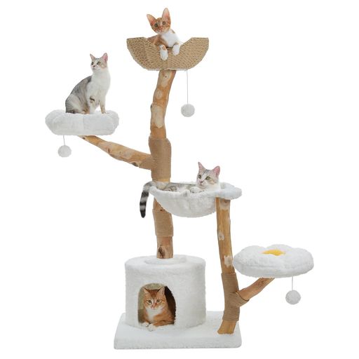 PETEPELA(ぺテぺラ) キャットタワー 木製 大型猫 ミニ 無垢材 手編みカゴ 天然木 梨の木 猫タワー モフモフ ふわふわ 多頭飼い 据え置き コンパクト 猫 爪研ぎ 麻紐 猫ハウス 展望台 おもちゃ…