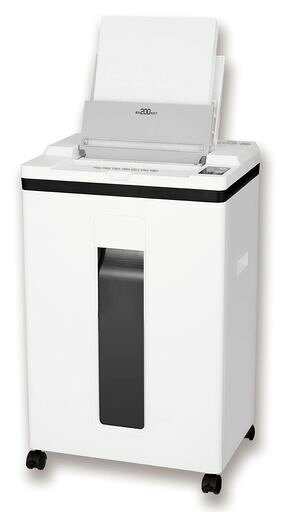オートフィードのセット枚数は約200枚、置くだけで自動細断してくれます 細断寸法は2x10mmのマイクロカットでハイセキュリティモデル 手動時に一回に挿入可能な細断枚数は8枚(50/60Hz)。手動時連続使用20分。オートフィード使用時間は30分。 ダストボックス23L(A4コピー用紙約630枚収容可能)。細断屑満杯センサー付き。 外形寸法:W361xD266xH572mm、質量:約11kg