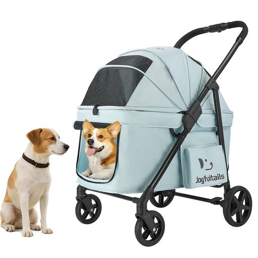 Joyfultails ペットカート 中型犬・多頭用 ワンタッチ折りたたみ 耐荷重20kg 低床設計 4輪 ペットバギー ブルー