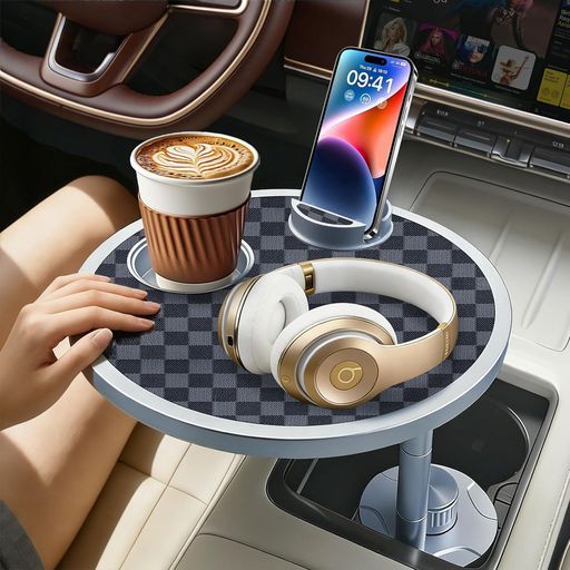 車載テーブル ドリンクホルダーに取付 車 トレイ 助手席/運転席/後部座席対応 車 パソコンテーブル 360°回転 車 机 高さ調整 高級レザーx車規格アルミ カップホルダー&スマホスタンド付 …