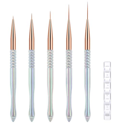 【バンドルセット】:異なるライナーの長さのネイルアートブラシ5本:4mm、8mm、12mm、20mm、25mm、アクリルブラシホルダー1個。 細い線、フレンチチップ、花のディテール、渦巻き、アウトライン、その他の細かいネイルデザインの実用的なセット。 【プレミアム品質】:柔らかく柔軟な毛で作られており、滑らかに滑り、ジェルポリッシュを均一に保持します。 ダブルクリンプメタルフェルールは、ブラシヘッドの使用中に安定し、適切なケアで緩み、抜け、ほつれを軽減します。 【快適な使用】:透明なオーロラスタイルのアクリルハンドルは、ブラシをきれいで目を引く外観にします。 リング状のグリップは滑りを抑え、バランスの取れた重量により、細かい作業や長時間のマニキュアセッションでもブラシを快適に握ることができます。 【効率的な創造性】:スリムなブラシの先端は、より優れたコントロールでクリーンなラインと繊細なパターンを作成するのに役立ちます。 花びら、つる、スマイルライン、グラデーション、エッジの輪郭など、自然な爪、ジェルネイル、ネイルチップなどの細かいディテールを描くのに適しています。