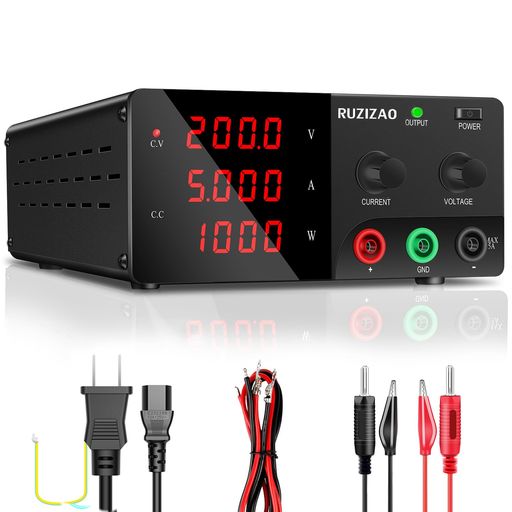 RUZIZAO直流安定化電源(0~200V 0~5A) 1000W大電力 エンコーダ調整 LED 4桁電流 電圧 電力表示 デスクトップ 安定化電源は テストとメンテナンス 研究室 学校教育 およびバッテリ充電に使用されます