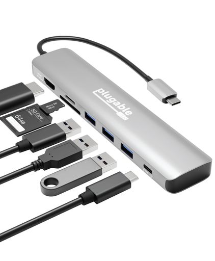 Plugable USB-C ハブ 7-in-1 マルチアダプター Windows Mac Chromebook 互換(4K HDMI、USB 3.0 ポートx3、SD/microSD カードリーダー、92W 充電)USB4、Thunderbolt