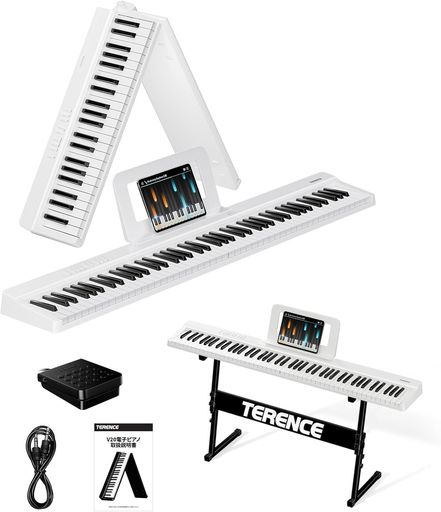 TERENCE 折り畳み 電子ピアノ 88鍵盤 タッチレスポンス鍵盤 軽量 充電型 4ユニットスピーカー MIDI対応 スタンド付き ホワイト V20