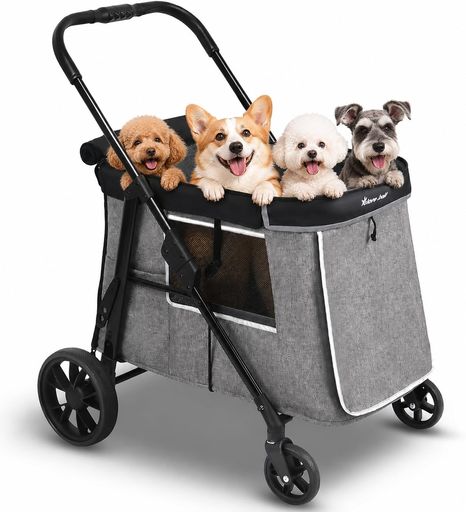 【広いスペース&amp;混雑した場所でも安心】犬カート内寸75x42x48cmの広々とした深型カートは、しっかり包み込む:特に神経質な犬や多頭のペットに安心感を与えます。隠れたプライバシーを守るためのカーテンが装備されており、ペットが外部の視線を気にせずによかった。人混みや賑やかな場所でも、ペットが落ち着いて過ごせます。周囲の騒音や人々の動きに驚きやすいペットも、ゆったりとした空間で不安を感じることなく、快適に移動できます。 【乗り降りラクラク】地面から体が浮くことが大嫌いで、高さのあるペットカートに乗せることはできず、前後開口部が大きく開く低床バスケットで、わんちゃんが自分乗り降り可能。足腰の弱くなったわんちゃんにも最適!低重心で安定感バツグン!底板が二重に固定されているので、移動中自由に体勢を変えるの揺れを防ぎます。いつもの目線でおでかけ、立っているときと目線が変わらないから座ったままお散歩気分! 【大型後輪23cm・安定感のある走行性能】前輪13cm+後輪23cmの大型タイヤを採用。360°回転前輪で小回りが利きながらも安定した走行を実現します。