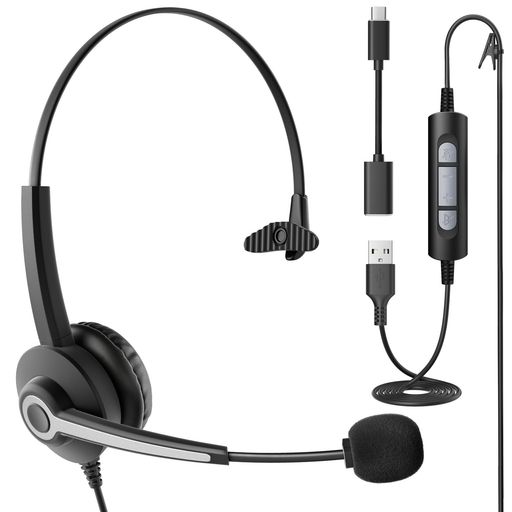 WantekヘッドセットUSBType-C片耳ノイズキャンセリングマイク付きコールセンターヘッドセットSkype、Web会議、コールセンター、リモートワーク、在宅勤務に適用されるプロビジネス通信事業…