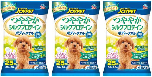 お徳用25枚入x3個セット 拭くだけで、爽快、汚れスッキリ!ワンちゃんも気持ちいい。なめても安心だから目や口周りも拭ける。 ブラッシング成分でサラサラに。拭くことでハウスダスト・花粉ケア。 ココナッツオイル・シルクプロテインで皮ふ・被毛がつややかに輝きうるおう。 使いやすい厚手のやわらかメッシュ。30cmx20cm。 乾きが早くベタつかない速乾タイプ。ふんわりソープの香り。