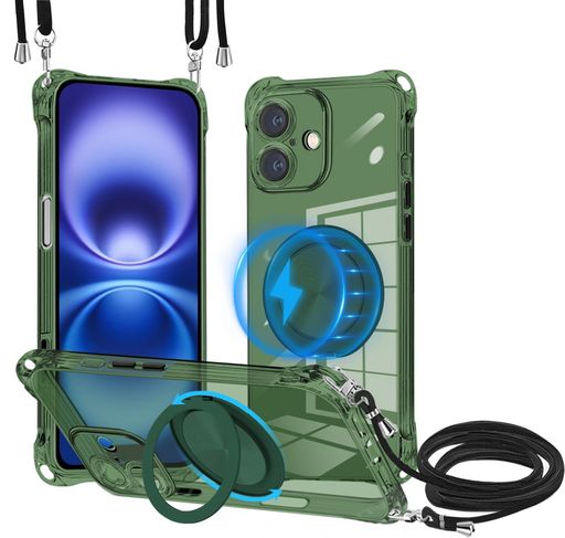iPhone 17 用 ケース クリア MagSafe対応 リング スタンド 360度回転できる ワイヤレス充電 ネック ショルダー あいほん 17 カバー 肩掛け 首掛け 斜めがけ 紐付き 韓国 耐衝撃 米軍MIL規格取得 ス…