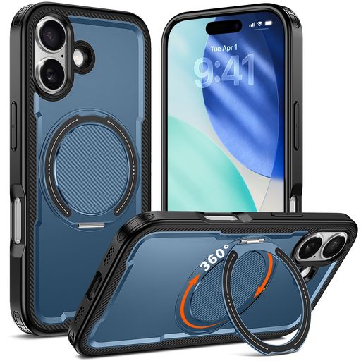 iPhone 17 用 ケース 耐衝撃 スタンド付き MagSafe対応 米軍MIL規格 いPhone 17 カバー ワイヤレス充電 防指紋 縦横両対応 360°回転スタンド 炭素繊維テクスチャ ファッション ブルー 121-IP17-02