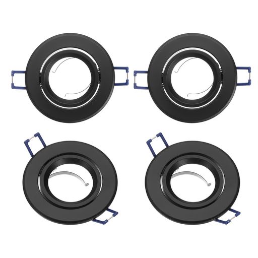 ショップ 材質:アルミニウム合金;色:黒;電球取り付け方法:背面取り付け;内径:50mm/1.97インチ;対応電球直径:50mm/1.97インチ;外径:87mm/3.43インチ;高さ:25mm/0.98インチ;取り付け穴サイズ(目安):55mm/2.17インチ;セット内容:ダウンライトフ レーム4個 特徴:1.アルミニウム合金製ダウンライトサポートは軽量で耐久性に優れ放熱性と耐食性を備えています。2.工具不要のスプリングクリップ設計で標準シーリング開口部への簡単埋め込み取り付けが可能です。薄型構造でモダンなインテリアに調和します。 取り付け方法:1.電源を切ります。2.ホルダーをシーリングの事前カット穴に挿入し内蔵スプリングクリップで固定します。 用途:このダウンライトホルダーは居間寝室廊下などの住宅用照明や小売店ギャラリーなどの商業施設での集中スポットライトに最適です。シーリングの装飾ディスプレイを引き立てます。 注意:電球は使用中熱くなるので触れないようにしてください。安定性のためシーリングの厚さを確認してください。
