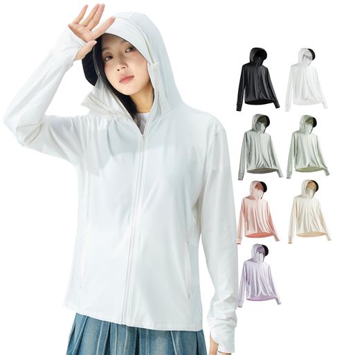 [LLHfashion] UVカット パーカー レディース ミドル丈 涼しい 冷感 トップス 日焼け止め ラッシュガード 水着 軽量 速乾 通気性 つば ジップ 日焼け防止 体型カバー 長袖 white XL