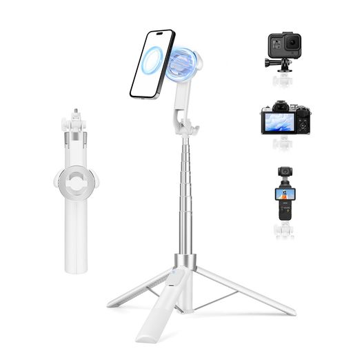 【2WAY ヘッド|マグネットマウント+スマホクリップの 2 通りで幅広く対応】マグネット吸着とスマホクリップを一体化した 2in1 ヘッドを搭載、多種多様なスマートフォンに対応します。iPhone17/16/15/14/13/12 Pro Max シリーズを磁気で直接固定可能。付属のマグネットリングを装着すれば、Android スマホや磁気機能を持たないスマホでも利用できます。家族や友人のスマホでもそのまま使える、多機種に幅広く対応します。 【70 インチ高さ調整|4in1 携帯トラベル三脚】本体重量約 408g、収納時約 28.4cm のコンパクト設計。最大178cmまで伸長し。自撮り棒・卓上三脚・床置き三脚・ハンドヘルド三脚の 4 モードに変形。持ち運びに優れ、旅行 Vlog やアウトドア撮影に最適です。 【1/4 インチネジ搭載|デュアルカメラ撮影に対応】標準 1/4 インチネジ穴を備え、アクションカメラやリングライトなど各種撮影機材を接続可能。デュアルカメラによる撮影にも対応し、コンテンツクリエイターの機材拡張性を大きく高めます。