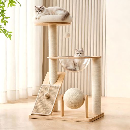 ランニング 【環境に優しい無垢材を使用し、安全で安定】このキャットタワーは、サイザル麻で巻かれた爪とぎポール、透明な「宇宙カプセル」、快適な休憩場所、展望台、そしてサイザル麻の爪とぎボールを備えています。スタイリッシュで軽量、そしてスペースを最大限に活用できるこのキャットタワーは、無垢材の質感、優れた品質、そして安全性と安定性を重視する猫の飼い主にとって理想的な選択肢です。 【超薄型設計&amp;省スペース】ベース部分は幅60cmx奥行き40cmx高さ96cmとコンパクトなので、あらゆる年齢の猫が簡単に昇り降りできます。特に短足の猫、高齢猫、子猫に最適です。上部には柔らかく快適な猫用ベッドがあり、眺めの良い展望台としても使えます。高品質の天然木にサイザル麻を巻き付けたこのキャットタワーは、手触りが良く、猫がすぐに慣れて安心して使用できます。爪とぎにも最適です。滑り止め加工のベースは掃除が簡単で、安定性も抜群です。このキャットタワーは、短足の猫、子猫、高齢猫が安全に遊んだり、休んだり、爪とぎをしたりできる場所です。