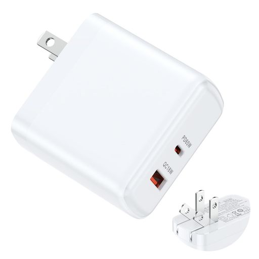 【PD65W+QC18W・2台同時充電】 本製品はTYPE-Cポート最大65W、USB-Aポート最大18W対応の急速充電器で、2台同時使用でも合計最大65Wの高出力を実現します。ノートPCやスマートフォン、タブレットなど多様なデバイスに対応し、短時間で効率的に充電可能です。デバイスごとに自動で最適電流を供給するため、安全かつ安定した充電が可能。出張や旅行、オフィスなどあらゆるシーンで活躍するタイプC 充電器として、利便性とパワフル性能を両立しています。 【折りたたみ式・コンパクト設計】プラグ部分は折りたたみ可能で、持ち運びや収納が簡単なUSB コンセントです。サイズは約5.6x5.7x3CM、重量110Gと軽量で、カバンやポーチにすっきり収まります。旅行や出張、オフィスなどでも邪魔にならず、どこでもスマートに使用可能。スタイリッシュでシンプルなホワイトデザインを採用したUSBアダプターとして、コンパクトでありながら高出力の充電を提供し、日常の利便性を高めます。 【GAN(窒化ガリウム)技術採用】最新のGAN(窒化ガリウム)技術を採用した充電器 TYPE-Cは、高効率かつ低発熱で小型化を実現。