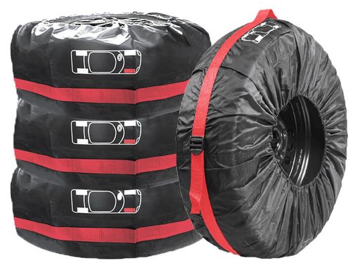タイヤカバー 4本セット 66cm (13~タイヤカバー用) 厚手 タイヤバッグ タイヤ収納 防水 防塵 防汚 取手付き 持ち運び便利 (レッド)